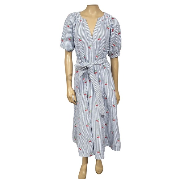 Boden Bria Embroidered Seersucker Cherry Embroidered Midi Dress V-Neck Pockets - Picture 8 of 11